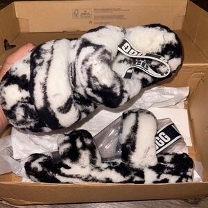 UGG Black and White Fluffy Slides
